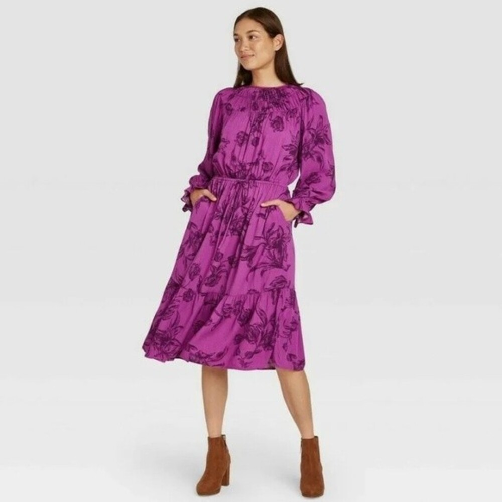 A New Day long sleeve purple tiered floral midi dress size small NWT